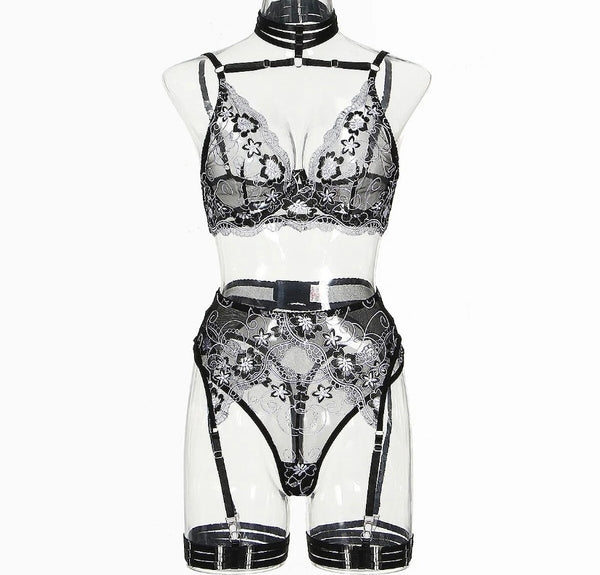 Women Sexy Choker Floral Mesh Lingerie Set