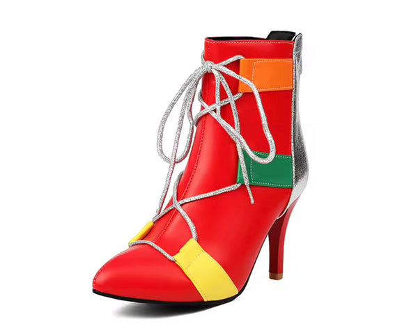 Women Fashion Color Striped Lace Up Ankle Boots