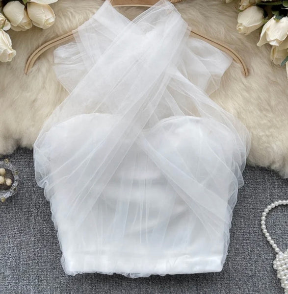 Women Sexy Tulle Criss Cross Halter Crop Top