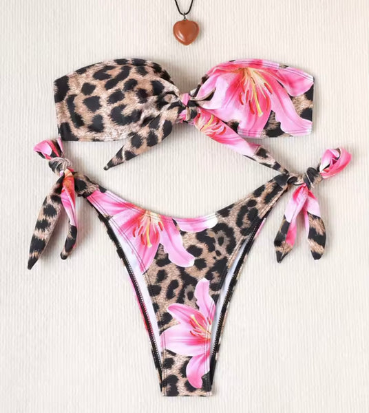 Women Strapless Leopard Pink Floral Bikini Swimsuit