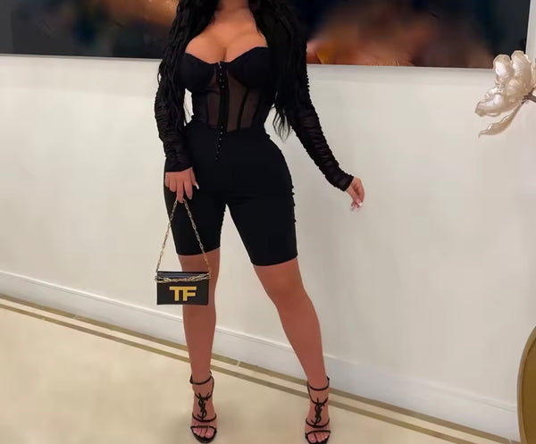 Women Sexy Fashion Mesh Patchwork Full Sleeve Romper