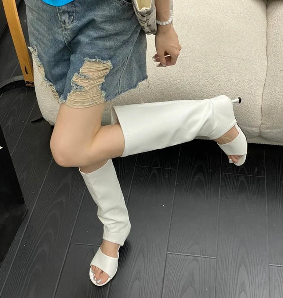 Women Open Toe Fashion Faux Leather Knee High Boots