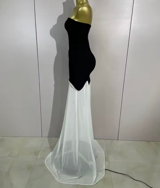 Women Sexy Strapless B&W Pearl Mesh Maxi Dress