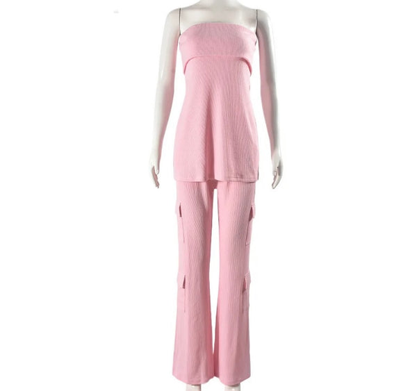 Women Pink Strapless Sexy Two Piece Pant Set