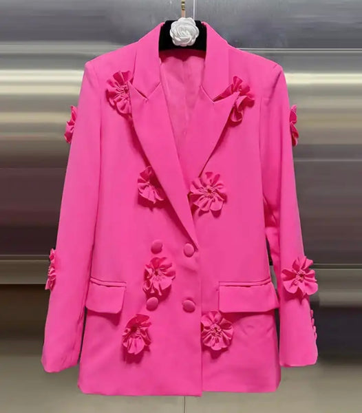 Women Pink Fashion 3D Floral Patchwork Blazer Two Piece Pant Set