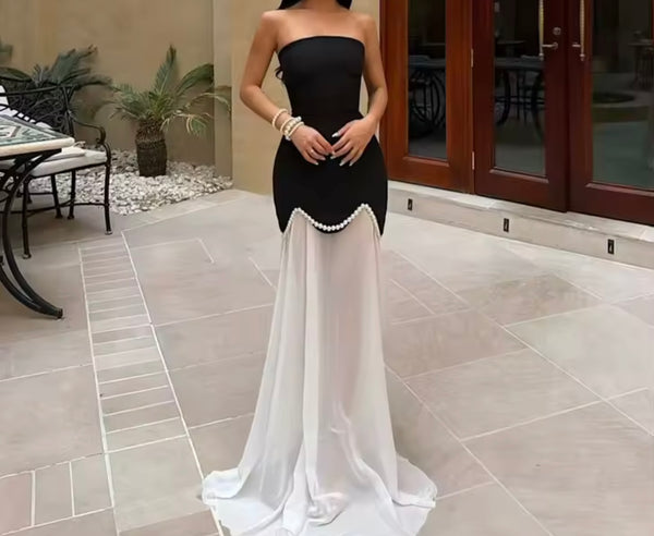 Women Sexy Strapless B&W Pearl Mesh Maxi Dress