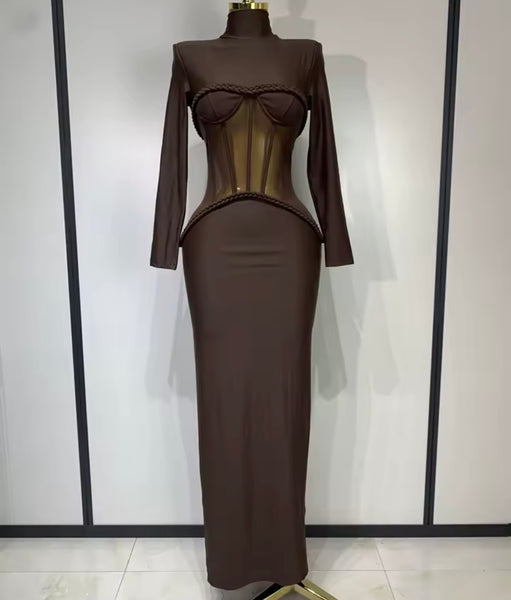 Women Brown Turtleneck Full Sleeve Rope Mesh Patchwork Maxi Dress