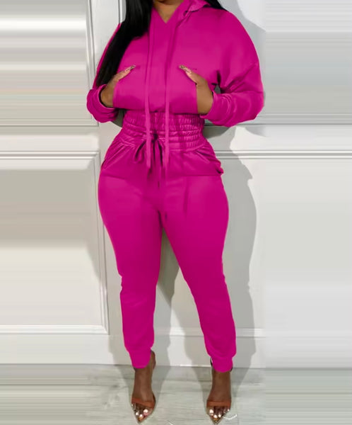 Women Fashion Pocket Hooded Tracksuit Two Piece Pant Set