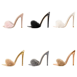 Women Color Open Pointed Toe Fashion Faux Fur High Heel Sandals