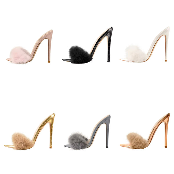 Women Color Open Pointed Toe Fashion Faux Fur High Heel Sandals