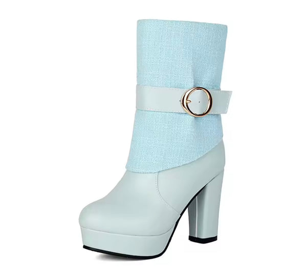 Women Color Round Toe Buckled Fashion High Heel Ankle Boots