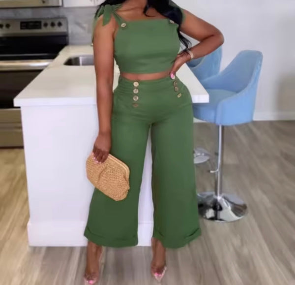 Women Green Button Sleeveless Two Piece Fashion Pant Set