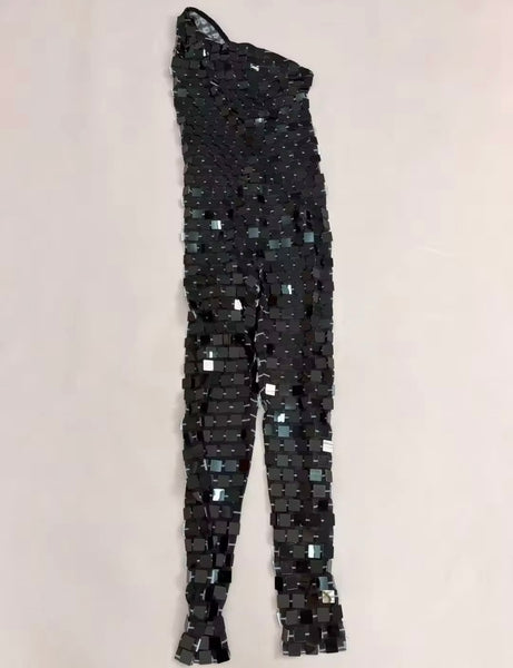 Women One Shoulder Sleeveless Black Mirror Mesh Jumpsuit