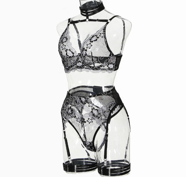 Women Sexy Choker Floral Mesh Lingerie Set