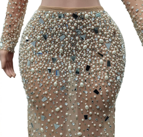 Women Nude Sexy Beaded Bling Full Sleeve Two Piece Mesh Skirt Set