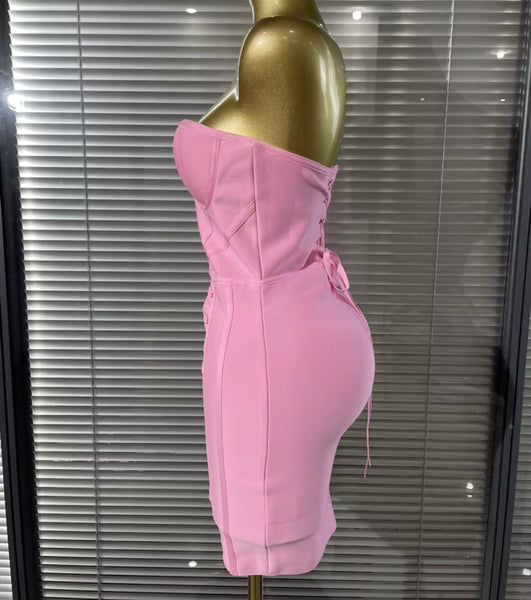 Women Pink Sexy Sleeveless Tie Up Corset Bandage Dress