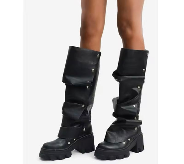 Women Fashion Faux Leather Button Platform Knee High Boots