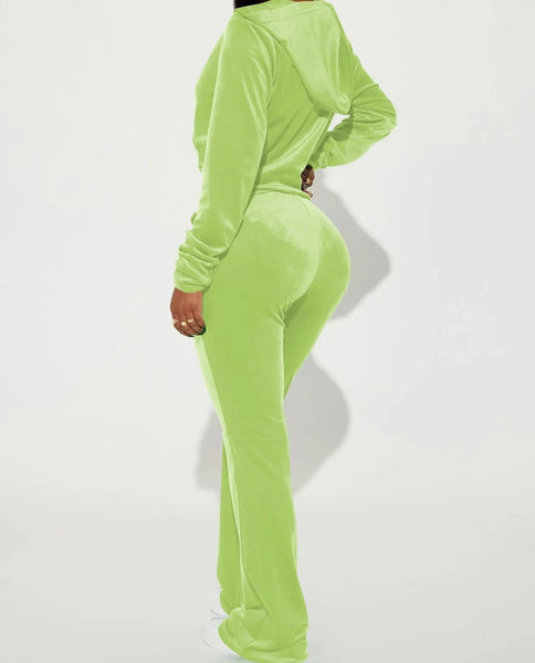 Women Solid Color Hooded Velour Two Piece Tracksuit Pant Set