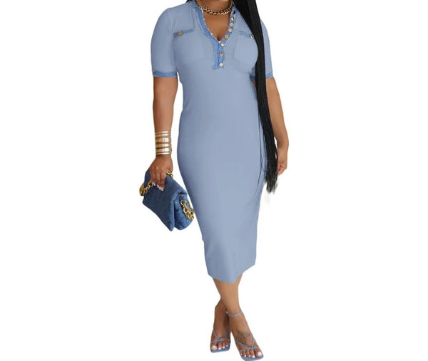 Women Sexy Fashion Short Sleeve Denim Patchwork Maxi Dress