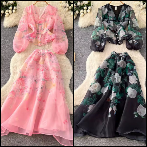 Women Button Up Floral Full Sleeve Chiffon Two Piece Skirt Set