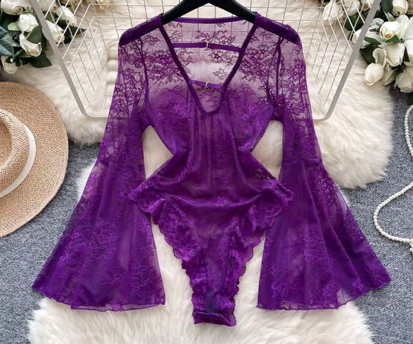 Women Sexy Fashion Lace Full Sleeve Bodysuit Top
