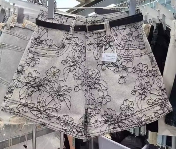 Women Fashion Gray Embroidered Floral Denim Shorts