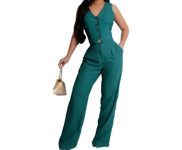 Women Fashion Button Up Two Piece Sleeveless Pant Set