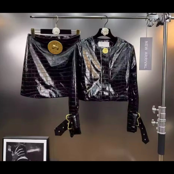 Women Gold Metal Black Faux Leather Jacket Two Piece Skirt Set