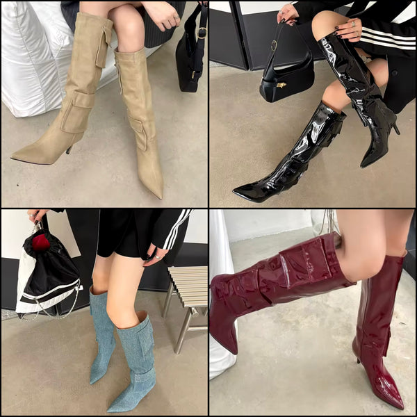Women Pocket Fashion High Heel Knee High Boots