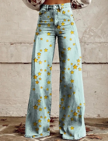 Women Fashion Color Print Wide Leg Pants