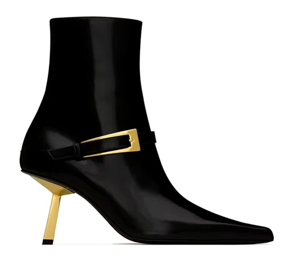 Women Fashion Pointed Toe Gold Buckled High Heel Ankle Boots