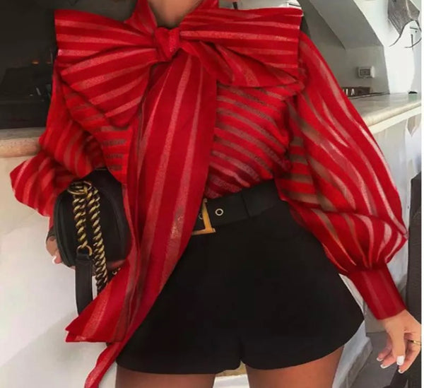 Women Fashion Full Sleeve Striped Tie Up Mesh Top