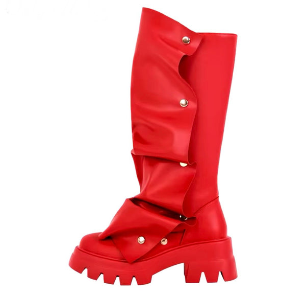 Women Fashion Color Button Faux Leather Flat Boots