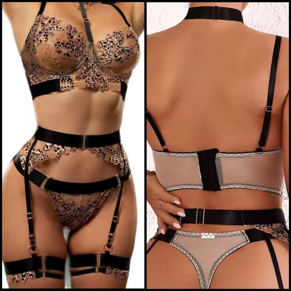 Women Sexy Choker Leopard Print Mesh Lingerie Set