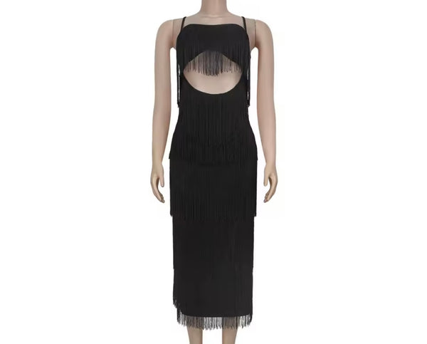 Women Sexy Sleeveless Open Back Fringe Tassel Maxi Dress