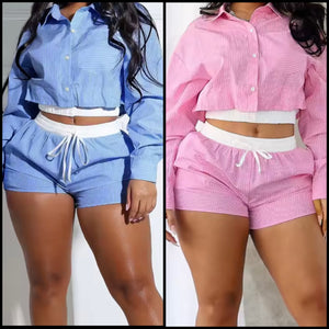 Women Button Up Striped Full Sleeve Fashion Two Piece Short Set
