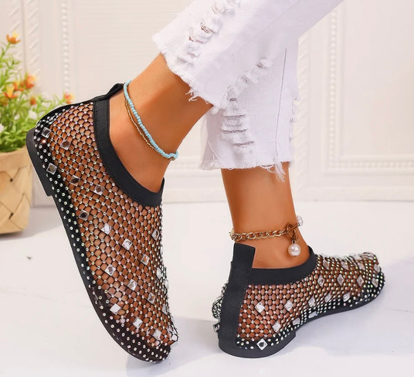 Women Fashion Bling Crystal Netted Flat Sandals