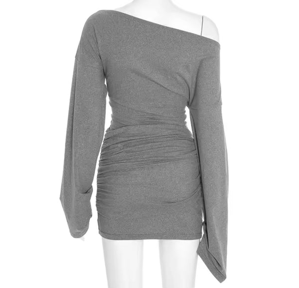 Women Sexy Gray Slant Shoulder Full Sleeve Ruched Dress