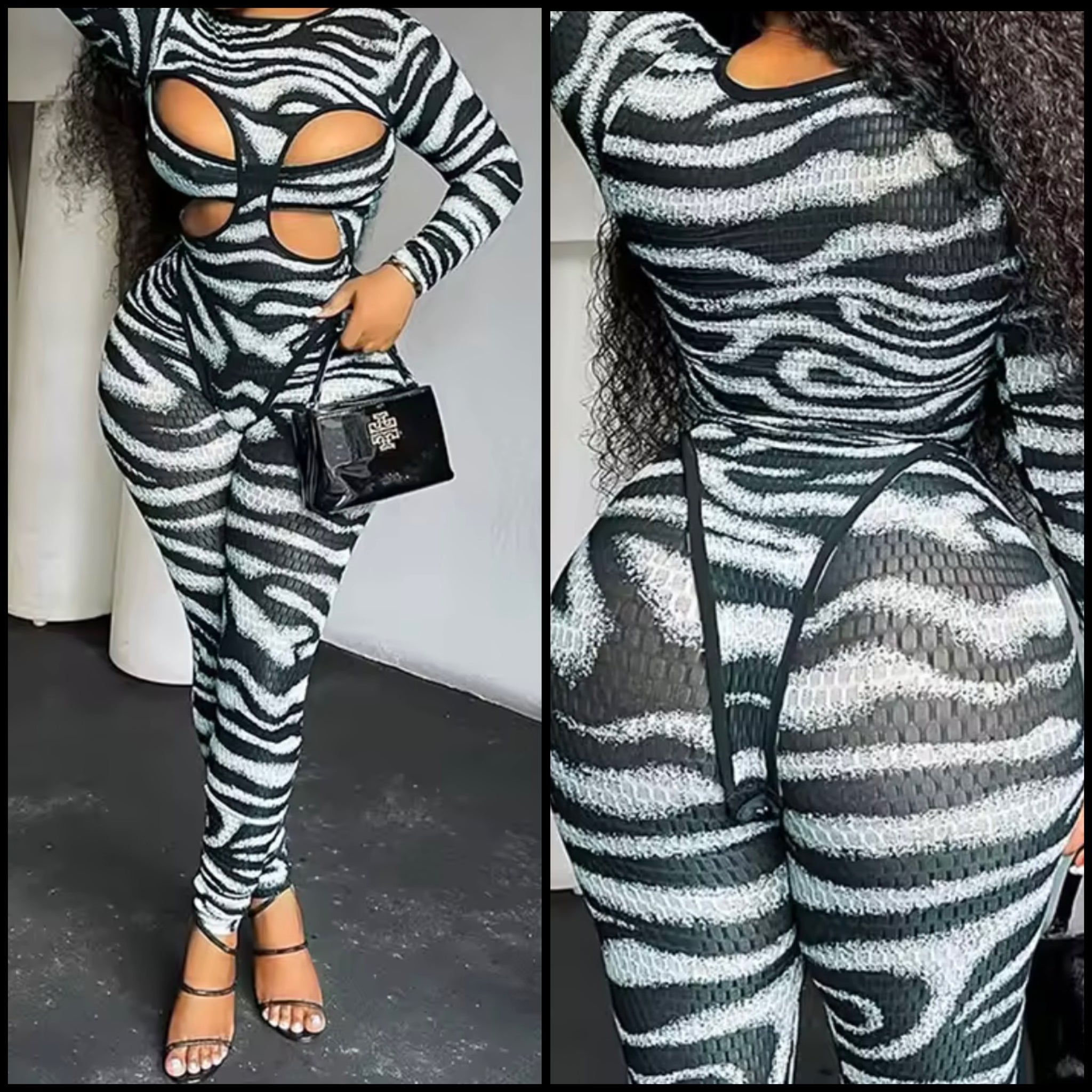 Women Sexy B&W Zebra Print Mesh Two Piece Pant Set