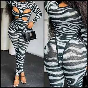 Women Sexy B&W Zebra Print Mesh Two Piece Pant Set