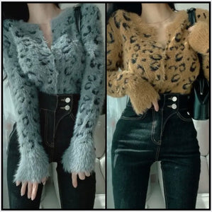 Women Fashion Leopard Print Full Sleeve Sweater Top