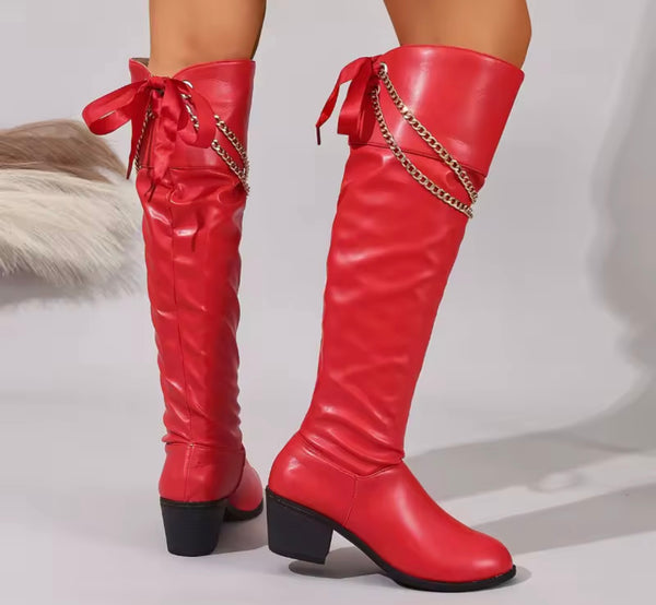 Women Fashion Red Chain Faux Leather Knee High Boots
