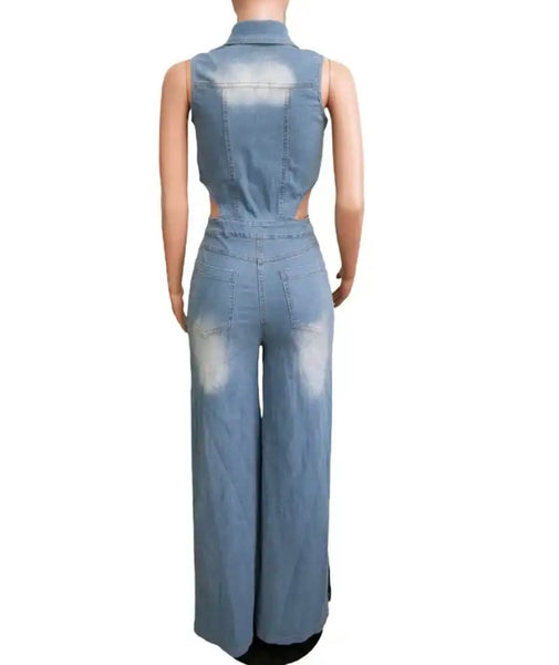 Women Sleeveless Button Fashion Denim Jumpsuit