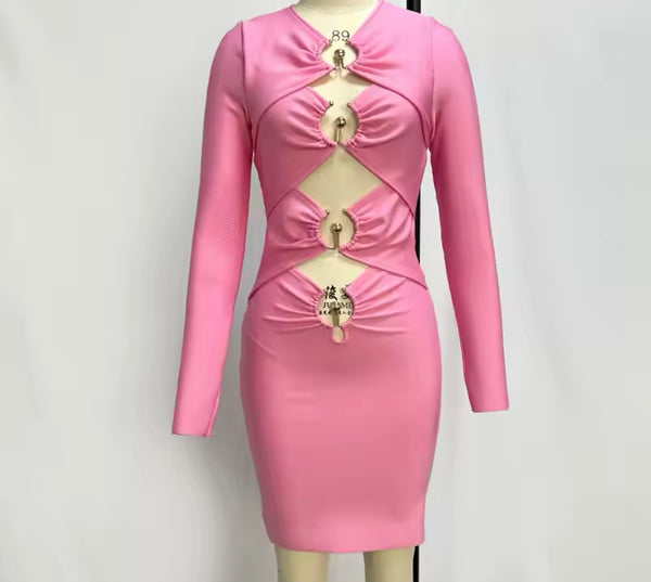 Women Sexy Pink Metal Cut Out Full Sleeve Dress