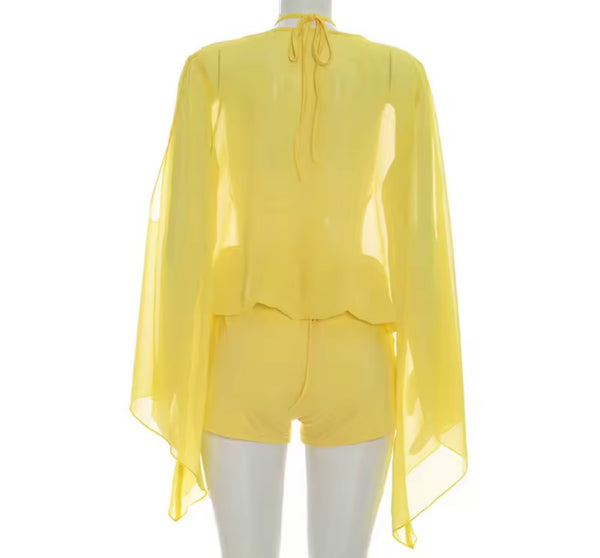 Women Sexy Mesh Full Flare Sleeve Three Piece Short Set