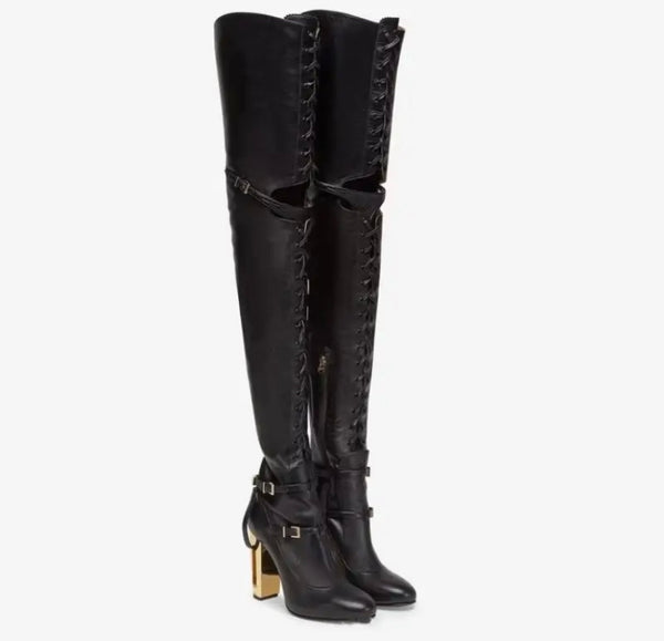 Women Black Gold Heel Fashion Lace Up Thigh High Boots