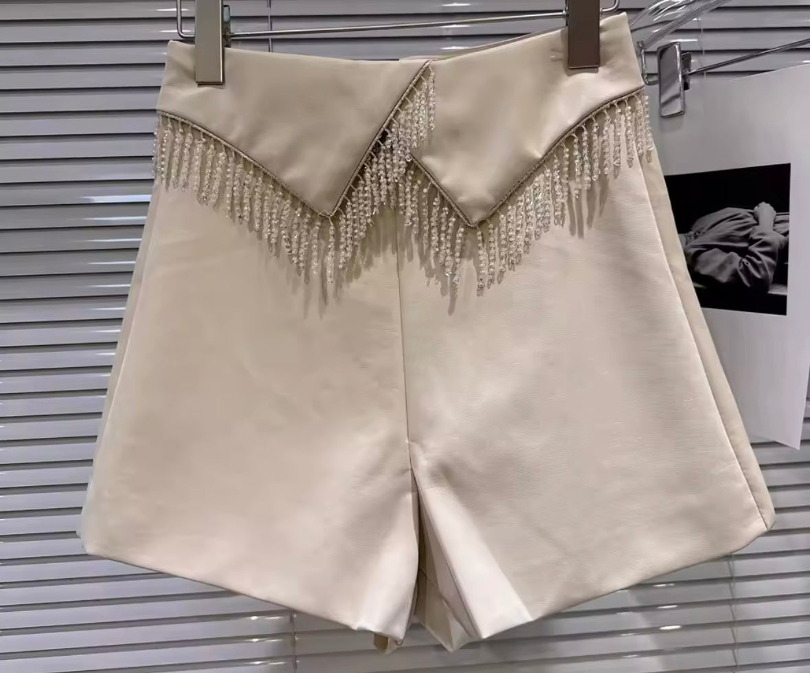 Women Color Fashion Faux Leather Tassel Shorts