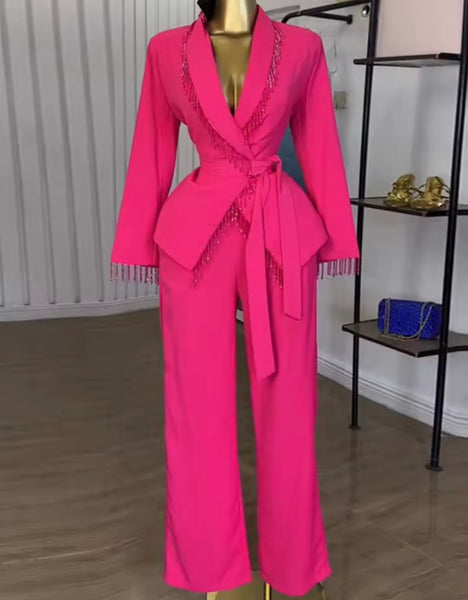 Women Beaded Tassel Wrap Full Sleeve Blazer Two Piece Pant Set