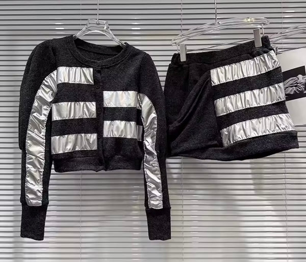 Women Button Up Silver Striped Full Sleeve Two Piece Skirt Set
