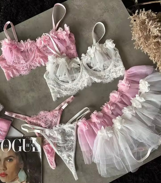 Women Sexy Cut Out Ruffled Mesh Lingerie Set